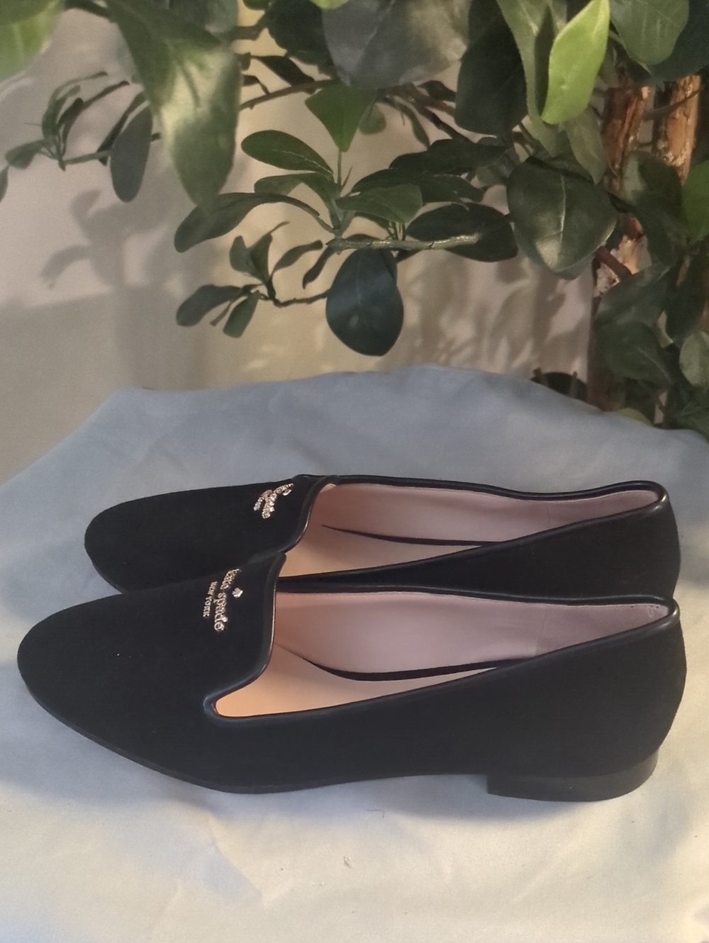 kate spade Black Suede Slip-On Loafers with Gold Logo